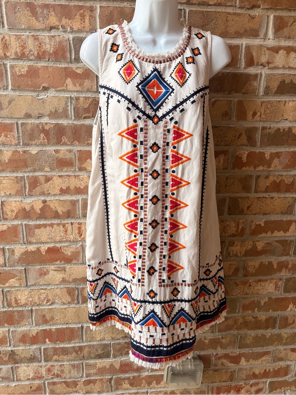 Anthropologie Cream Embroidered Tribal Shift Dress with Red & Blue Accents 12 - Picture 5 of 11